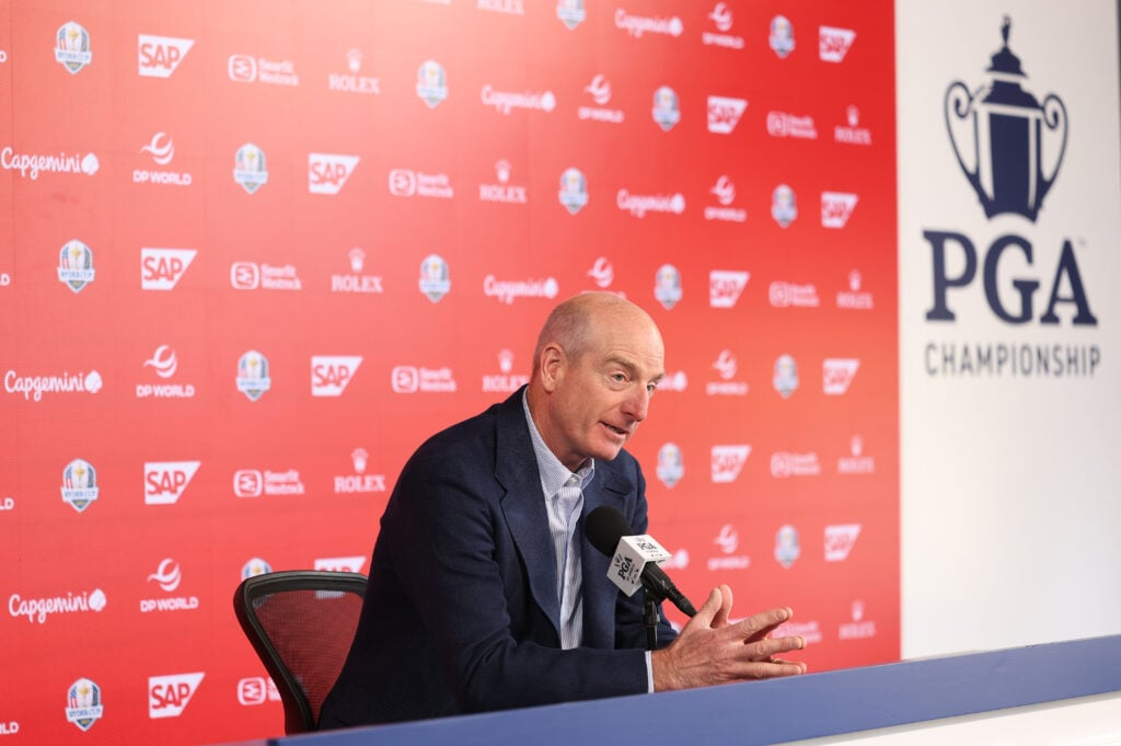 Jim Furyk of the United States talks with media during a press conference prior to the PGA Championship at Aronimink Golf Club
