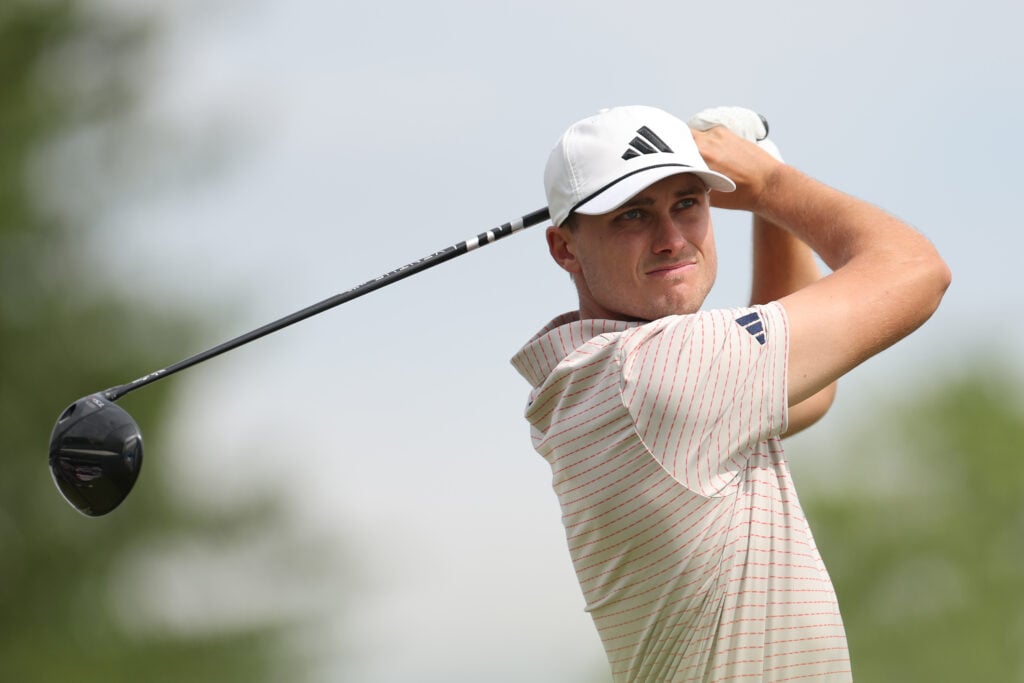 Ludvig Aberg of Sweden hits a tee shot on the 15th hole during a practice round prior to the PGA Championship at Aronimink Golf Club