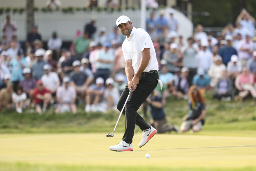 Scottie Scheffler reacts to missing a putt during the third round of the PGA Championship