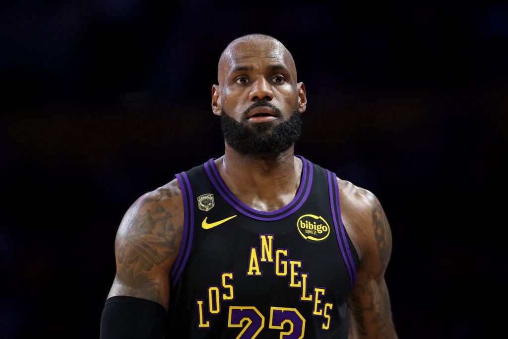 LeBron James #23 of the Los Angeles Lakers looks on against the Oklahoma City Thunder in Game Four of the Second Round of the NBA Western Conference Playoffs at Crypto.com Arena.