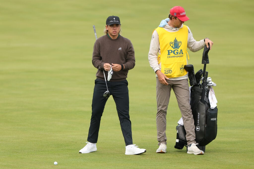 Garrick Higgo with his caddie during the PGA Championship at Aronimink Golf Club