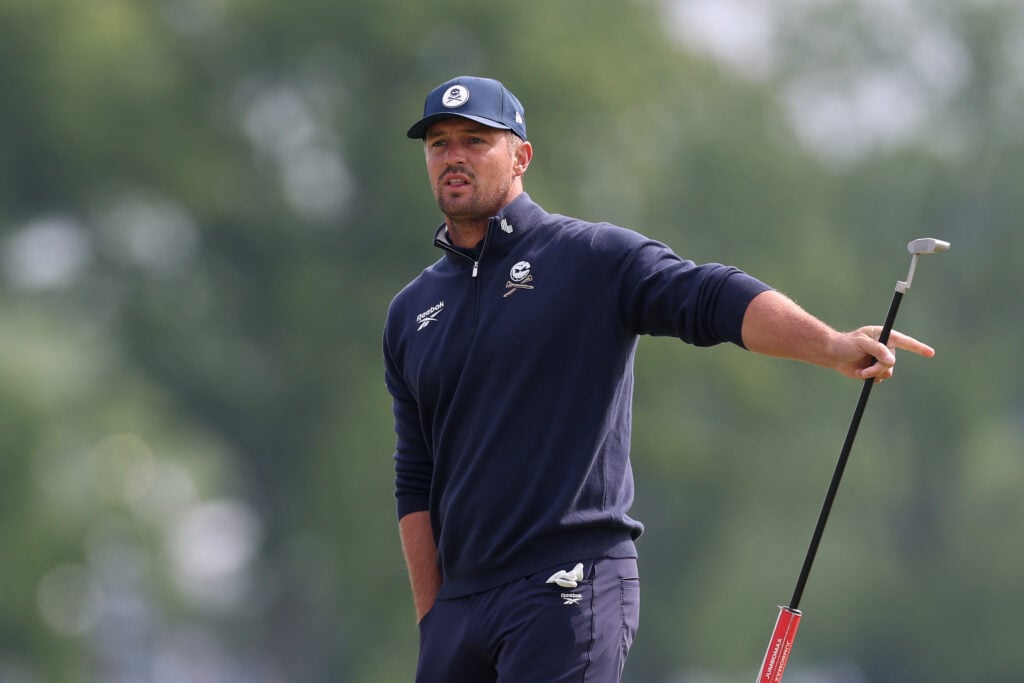 Bryson DeChambeau of the United States reacts after a putt on the 14th green during the first round of the PGA Championship at Aronimink Golf Club
