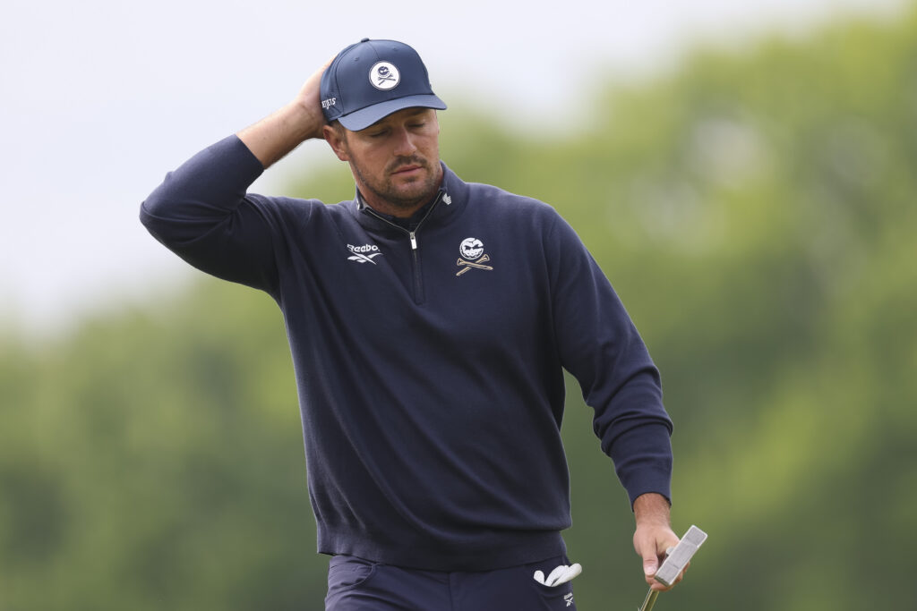 Bryson DeChambeau of the United States reacts after a putt on the 13th green during the first round of the PGA Championship at Aronimink Golf Club