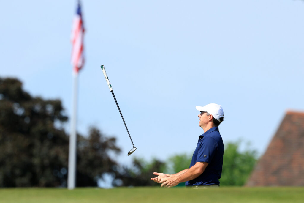 Rory McIlroy looks frustrated after missing a putt during the final round of the PGA Championship
