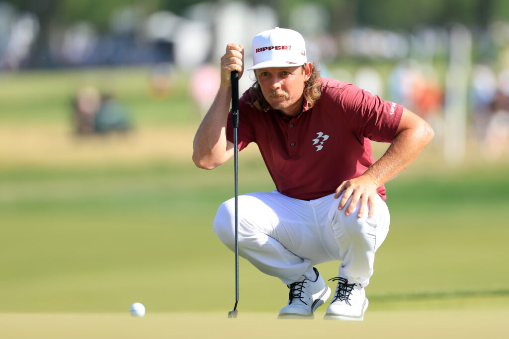Cameron Smith of Australia lines up a putt on the 16th hole during the final round of the PGA Championship at Aronimink Golf Club