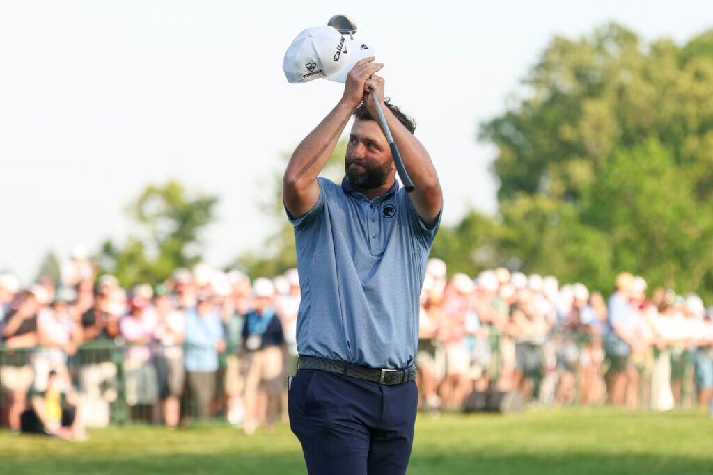 Jon Rahm waves to the fans on the 18th hole after the final round of the PGA Championship at Aronimink Golf Club