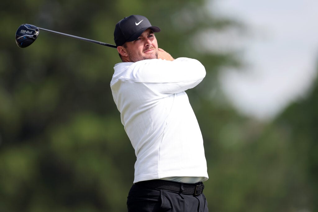 Chris Gotterup of the United States plays his shot from the 15th tee during the second round of the PGA Championship at Aronimink Golf Club