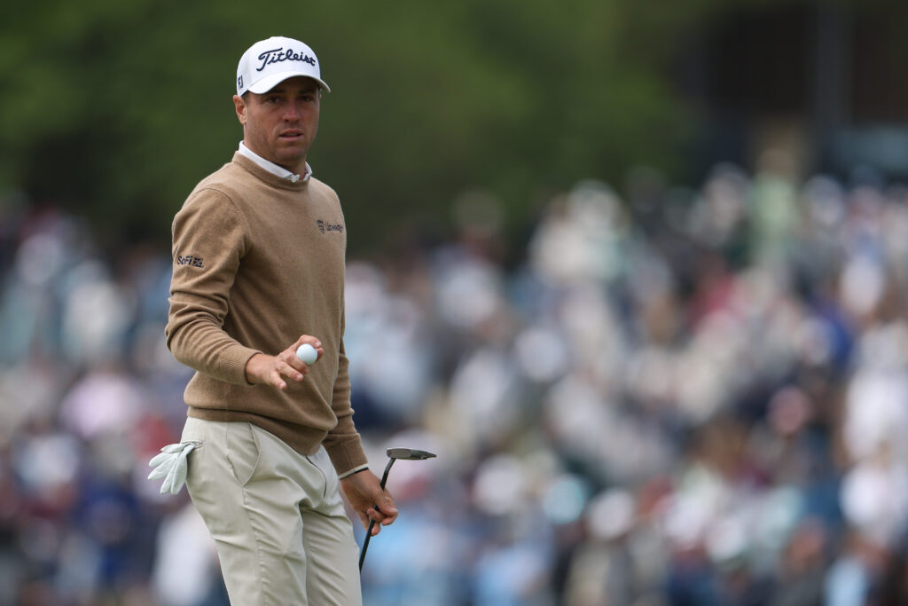 Justin Thomas of the United States reacts on the 17th green during the second round of the PGA Championship at Aronimink Golf Club