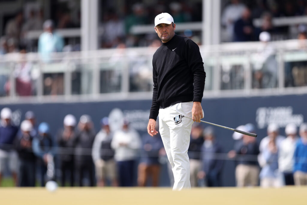 Scottie Scheffler of the United States follows his putt on the 14th green during the second round of the PGA Championship at Aronimink Golf Club