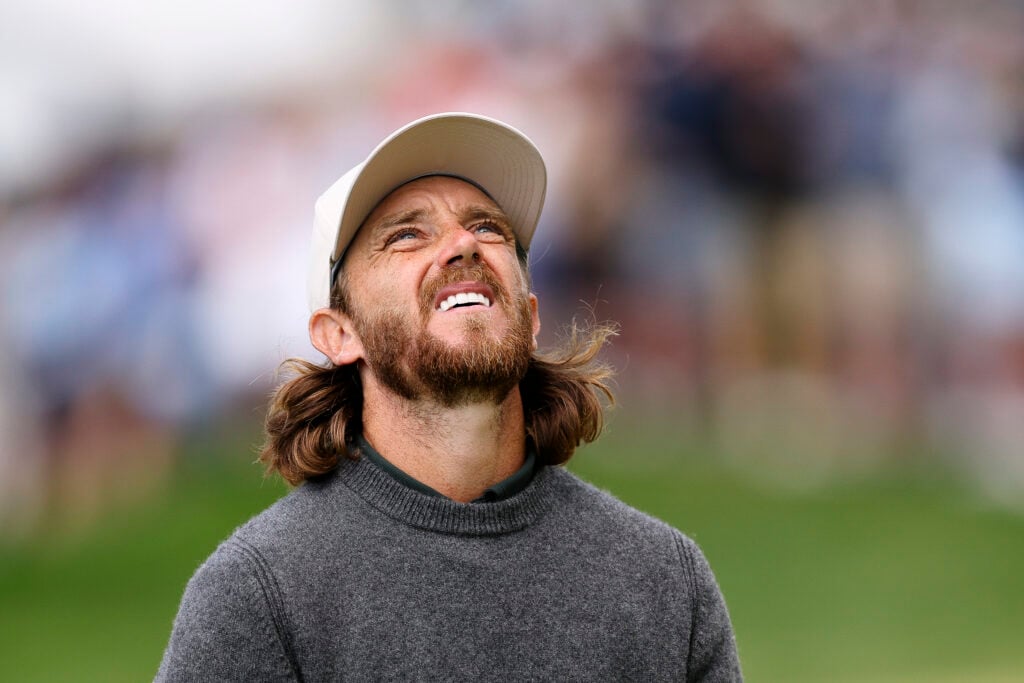 Tommy Fleetwood of England reacts on the ninth green during the second round of the PGA Championship at Aronimink Golf Club