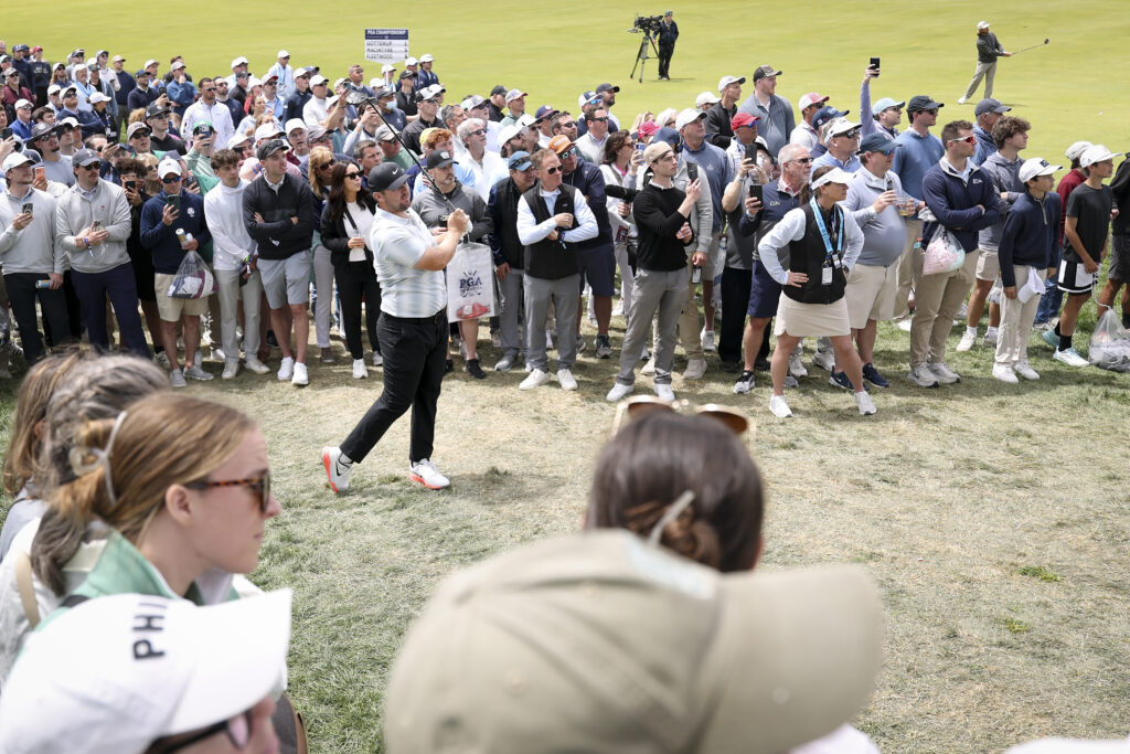 Chris Gotterup hits an approach shot during the second round of the PGA Championship