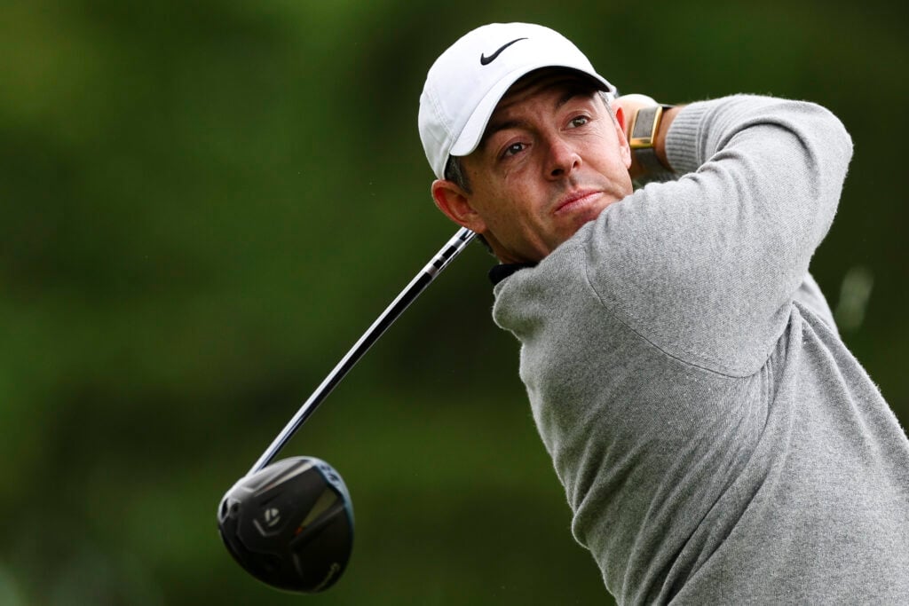 Rory McIlroy of Northern Ireland plays his shot from the second tee during the second round of the PGA Championship at Aronimink Golf Club