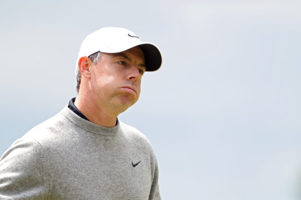 Rory McIlroy of Northern Ireland reacts on the third green during the second round of the PGA Championship at Aronimink Golf Club