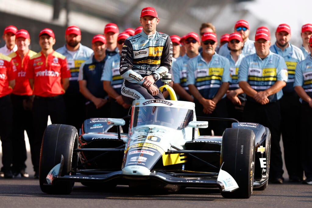 Alexander Rossi (20) of ECR Racing Chevrolet with his crew during the NTT IndyCar Series Indianapolis 500 front row photoshoot at Indianapolis Motor Speedway in Indianapolis, IN.