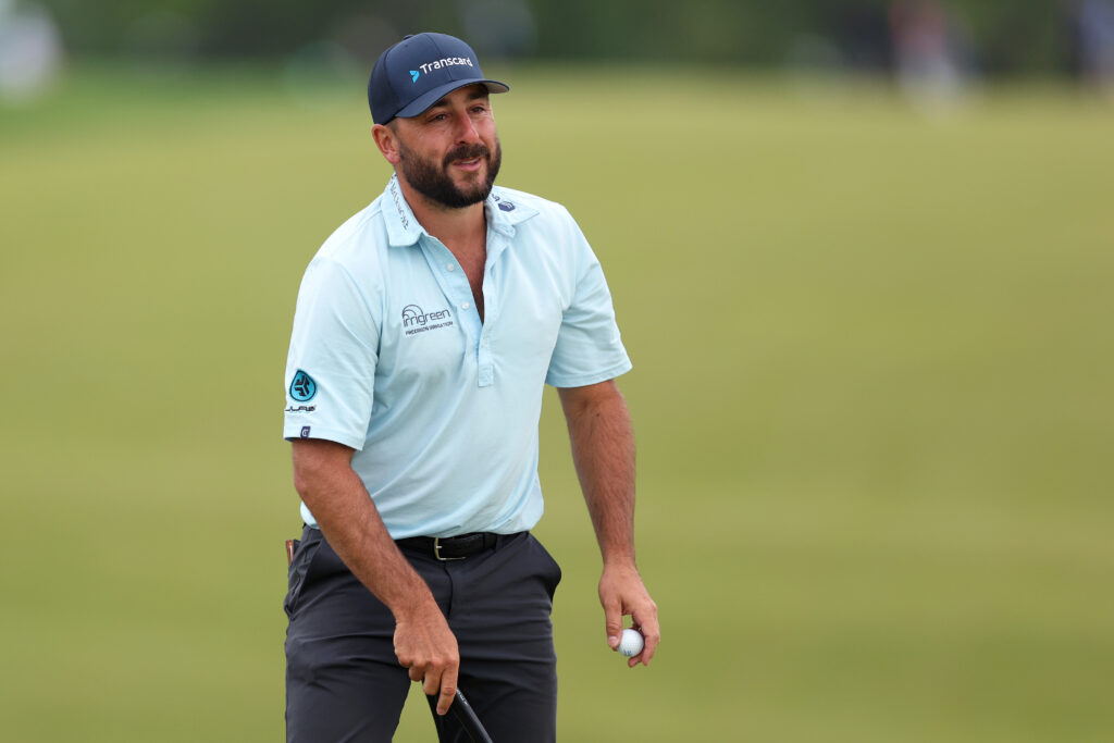 Stephan Jaeger of Germany acknowledges the crowd on the seventh green during the second round of the PGA Championship at Aronimink Golf Club