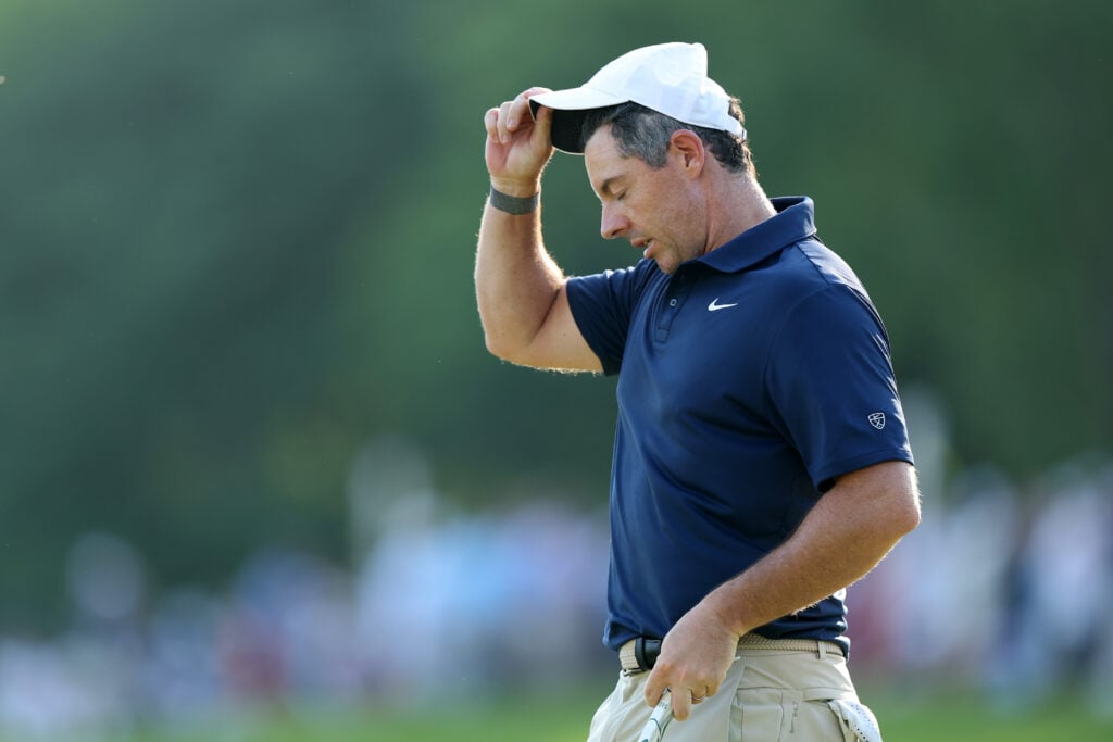 Rory McIlroy looks disappointed after finishing his final round at the PGA Championship