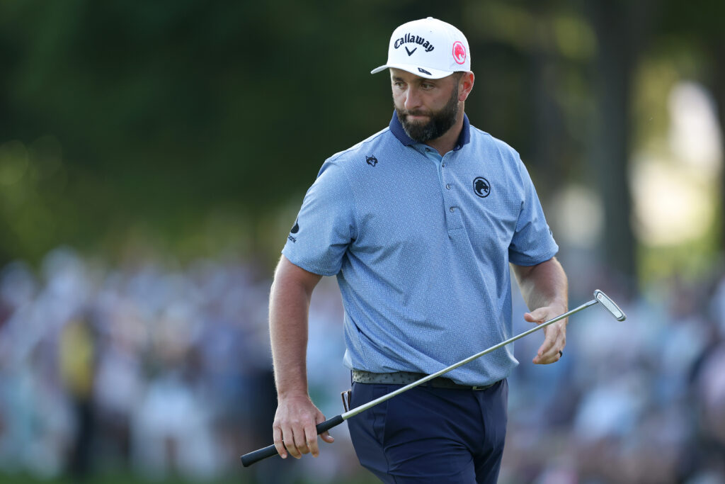Jon Rahm watches his putt during the final round of the PGA Championship