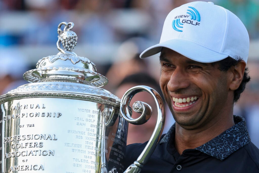Aaron Rai celebrates with The Wanamaker Trophy after winning the 2026 PGA Championship at Aronimink