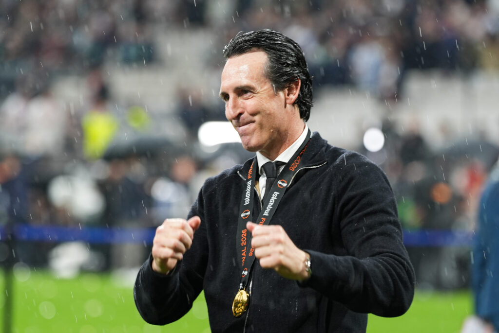 Aston Villa head coach Unai Emery celebrates after winning the UEFA Europa League final football match between SC Freiburg and Aston Villa at Besiktas Park.