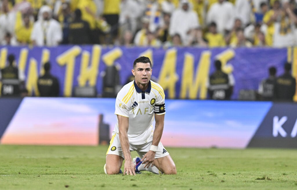 Cristiano Ronaldo of Al Nassr gestures during the Saudi Pro League football match between Al Nassr and Damac FC at Alawwal Park.
