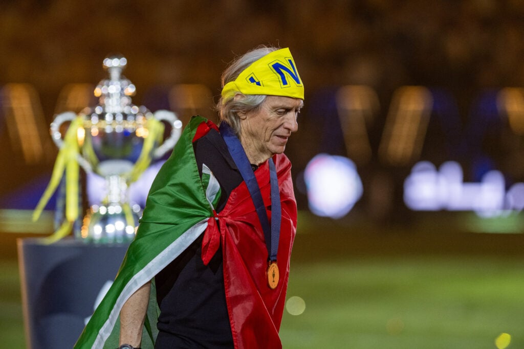 Al-Nassr head coach Jorge Jesus celebrates the championship after defeating Damac 4-1 in the Saudi Pro League at King Saud University Stadium.