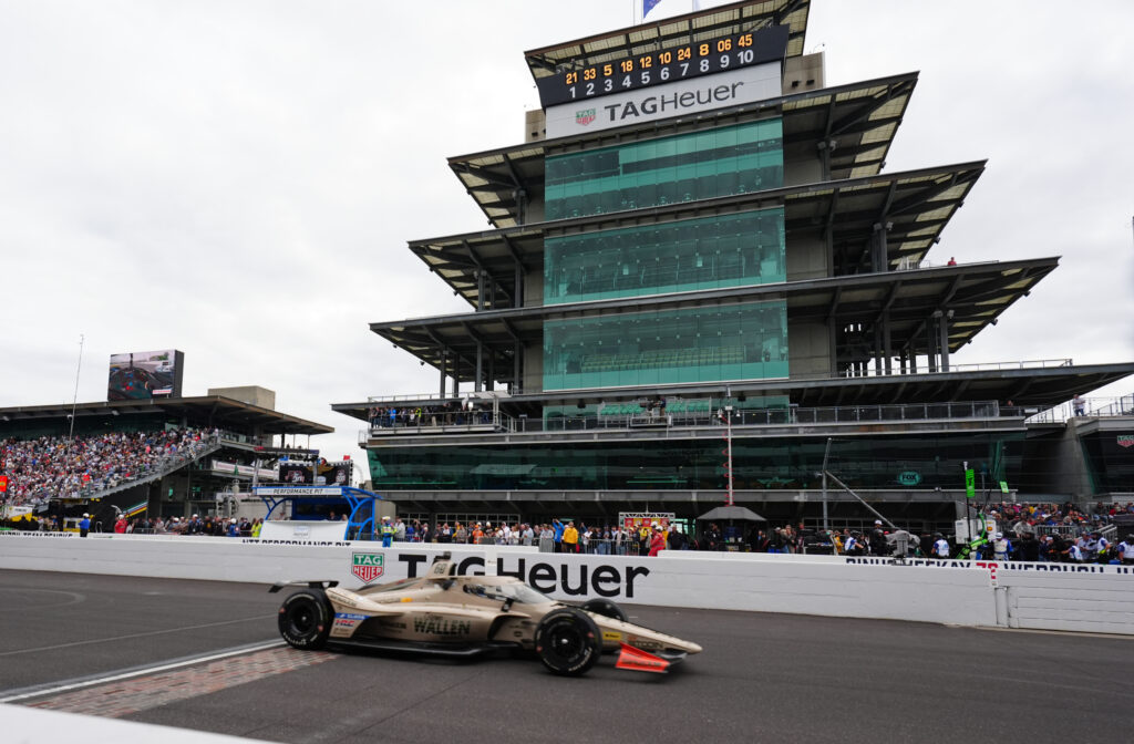 IndyCar driver Felix Rosenqvist (60) drives across the yard of bricks during Miller Lite Carb Day for the 110th Running of the Indianapolis 500 on May 22, 2026, at the Indianapolis Motor Speedway in Indianapolis, Indiana.