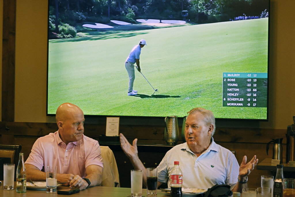 Invited Clubs CEO David Pillsbury, left, listens to Lanny Wadkins during a media day at TPC Craig Ranch