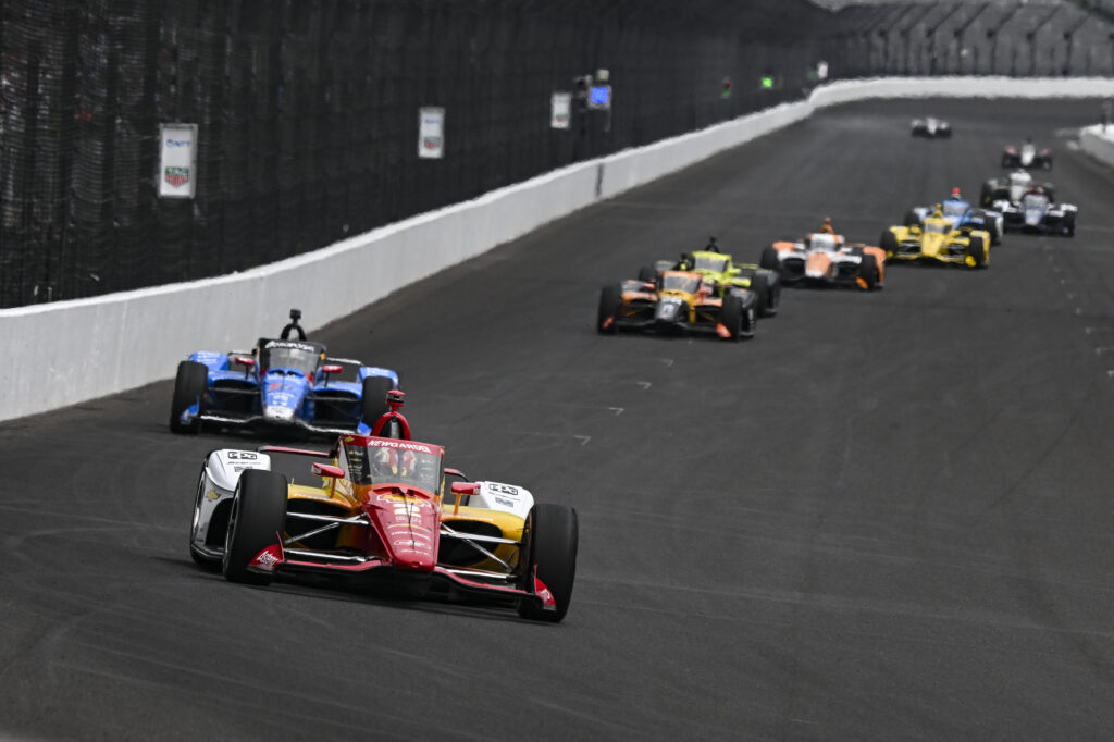Josef Newgarden (2) Team Penske Chevrolet drives into turn one during practice on NTT IndyCar Series Miller Lite Carb Day on May 22, 2026, at the Indianapolis Motor Speedway in Indianapolis, Indiana.