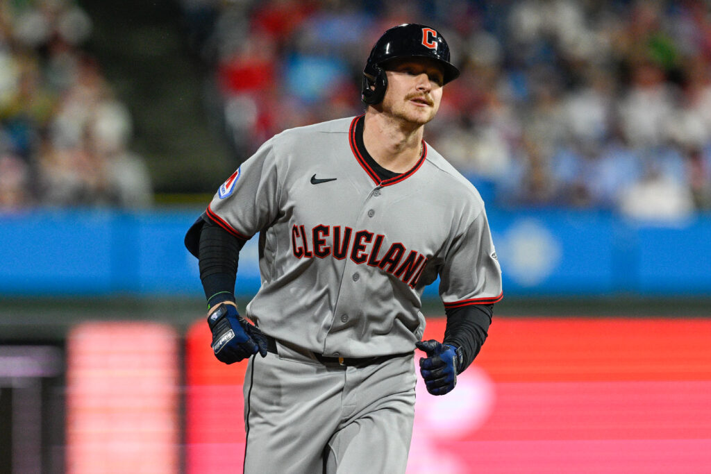Cleveland Guardians first baseman Kyle Manzardo #9 runs the bases after hitting a pinch hit home run during the game between the Philadelphia Phillies and the Cleveland Guardians on May 22nd, 2026 at Citizens Bank Park.
