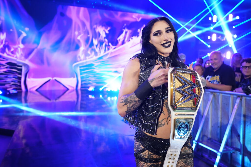 WWE Women's Champion Rhea Ripley makes her entrance during SmackDown