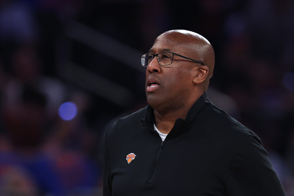 Head coach Mike Brown of the New York Knicks reacts during the third quarter of a game against the Cleveland Cavaliers in Game One of the NBA Eastern Conference Finals at Madison Square Garden.