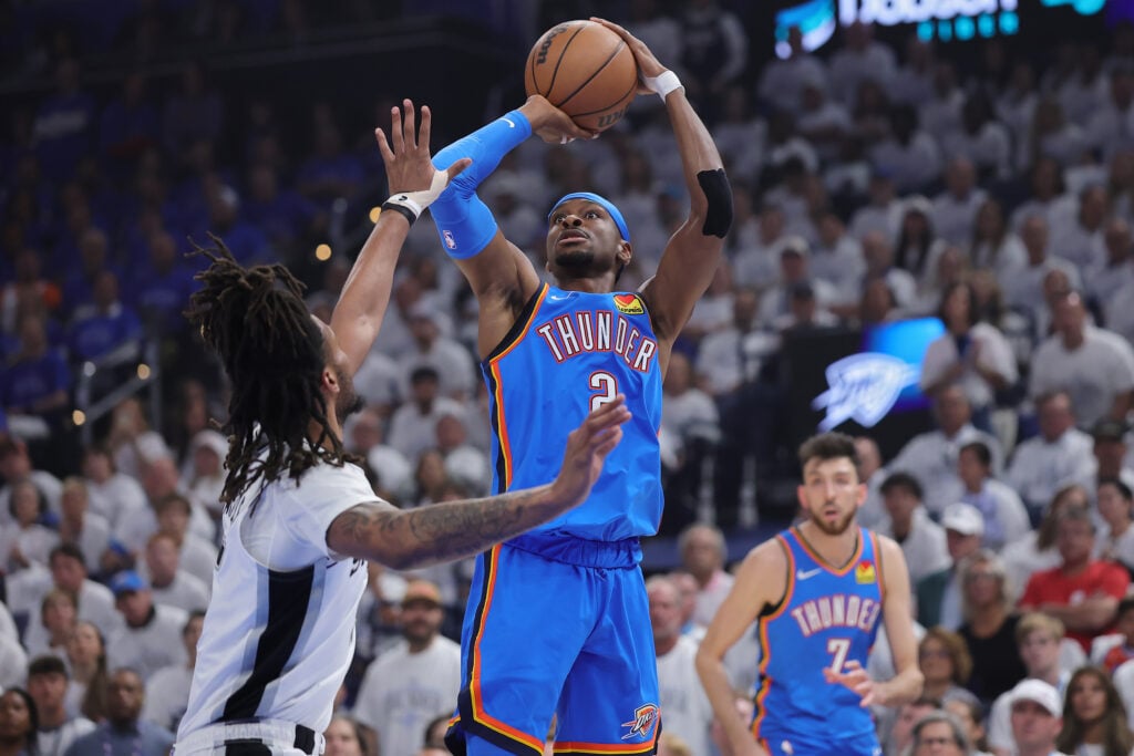 Shai Gilgeous-Alexander #2 of the Oklahoma City Thunder shoots against Stephon Castle #5 of the San Antonio Spurs during the first quarter in Game Two of the NBA Western Conference Finals at Paycom Center on May 20, 2026 in Oklahoma City, Oklahoma.