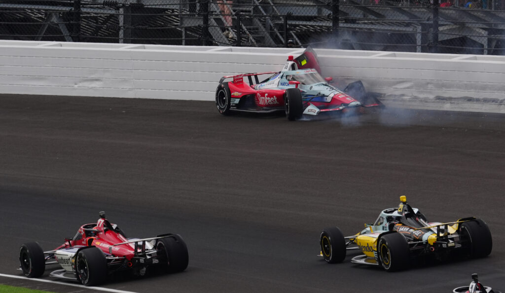 IndyCar driver Ed Carpenter (33) crashes in turn one on a restart during the 110th Running of the Indianapolis 500 on May 24, 2026, at the Indianapolis Motor Speedway in Indianapolis, Indiana.