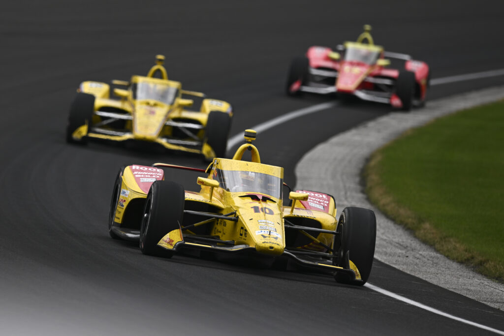 Alex Palou (10) DHL Chip Ganassi Honda races through turn one during the NTT IndyCar Series Indianapolis 500 presented by Gainbridge on May 24, 2026, at the Indianapolis Motor Speedway in Indianapolis, Indiana.