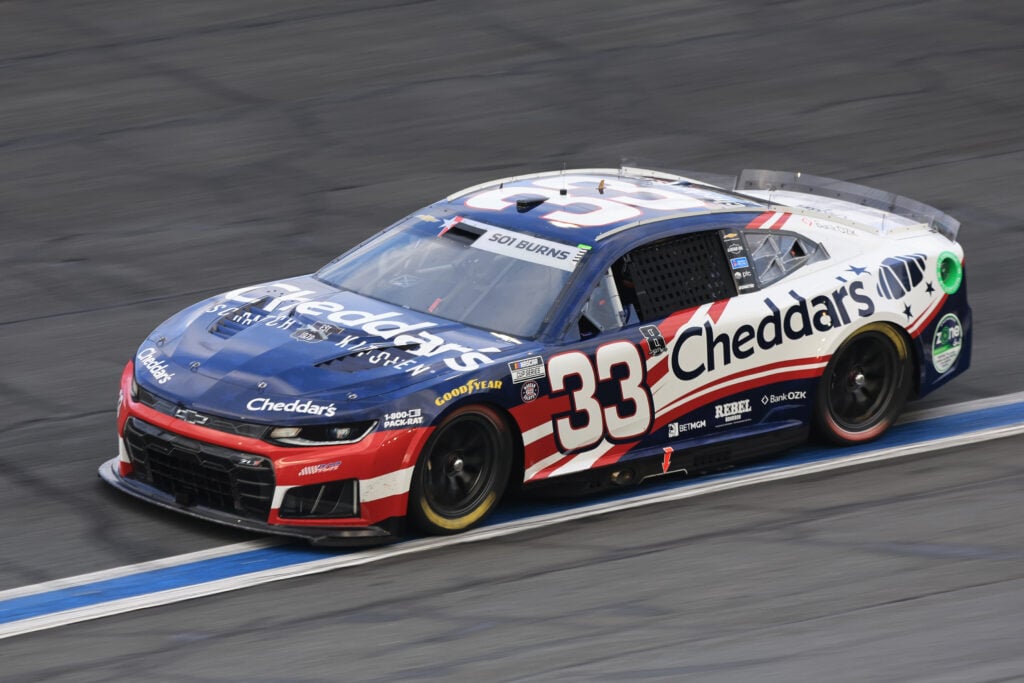 Austin Hill (#33 Richard Childress Racing Cheddar's Scratch Kitchen Chevrolet) races into turn 3 during the running of the NASCAR Cup Series Coca-Cola 600 on May 24, 2026 at Charlotte Motor Speedway in Charlotte, NC.