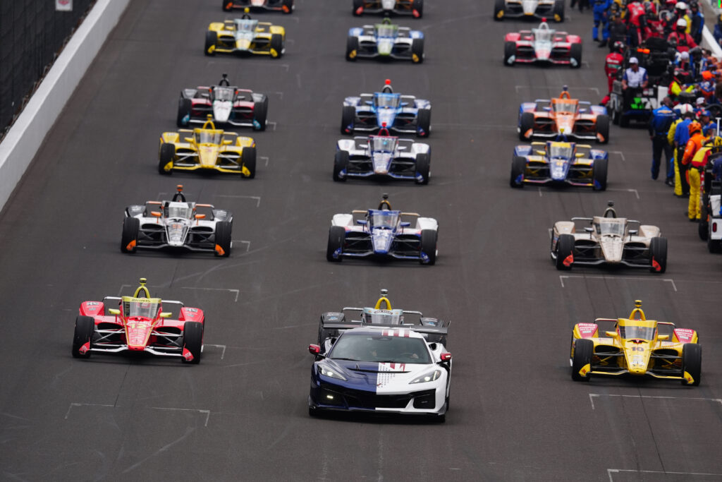 Indiana Hoosiers football coach Curt Cignetti drives the pace car and leads the field into turn one on the parade lap during the 110th Running of the Indianapolis 500 on May 24, 2026, at the Indianapolis Motor Speedway in Indianapolis, Indiana.