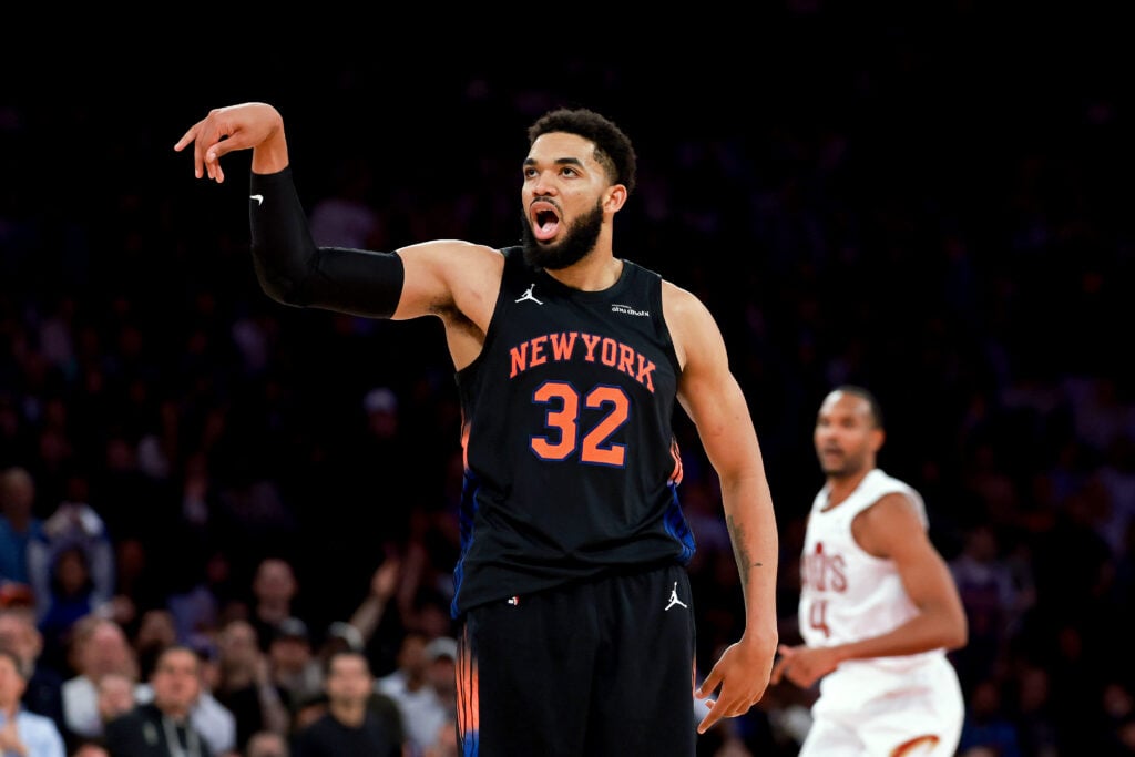 Karl-Anthony Towns #32 of the New York Knicks celebrates after making a basket against the Cleveland Cavaliers during the third quarter in Game Two of the NBA Eastern Conference Finals at Madison Square Garden.