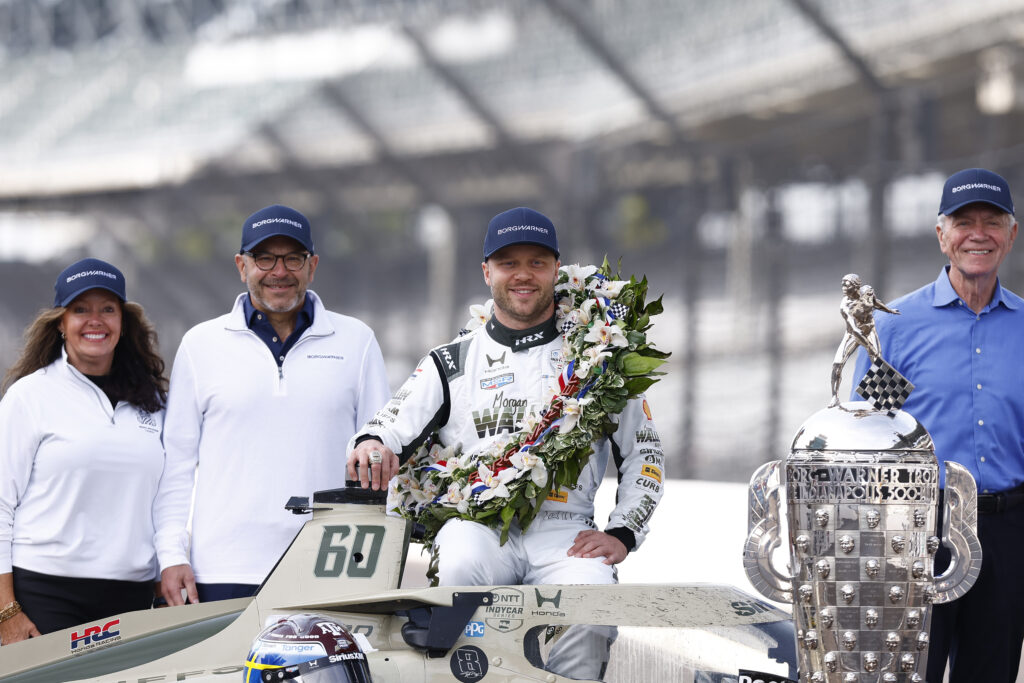 Indianapolis 500 Champion Felix Rosenqvist of the #60 SiriusXM Honda poses with The Borg Warner group at the yard of bricks during the Winners Photo Shoot for the NTT IndyCar Series Indianapolis 500 presented by Gainbridge on May 25, 2026 at Indianapolis Motor Speedway in Indianapolis, IN.