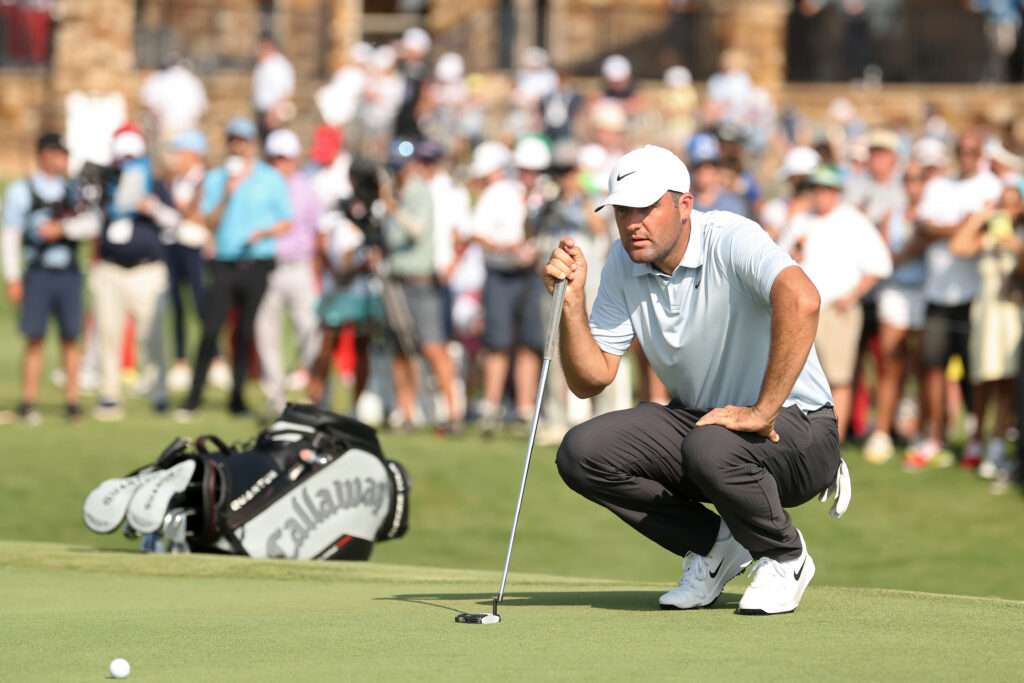 Scottie Scheffler of the United States lines up a putt on the 18th green during the second round of THE CJ CUP Byron Nelson 2026
