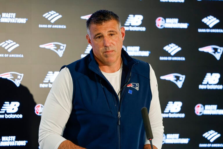 FOXBOROUGH, MA - MAY 27: Mike Vrabel of the New England Patriots listens to a question during New England Patriots OTA on May 27, 2026, at Gillette...
