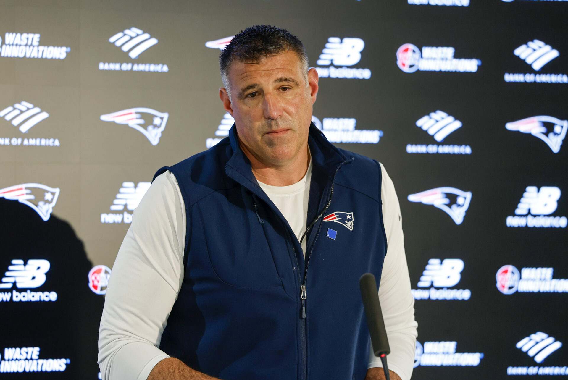 FOXBOROUGH, MA - MAY 27: Mike Vrabel of the New England Patriots listens to a question during New England Patriots OTA on May 27, 2026, at Gillette...