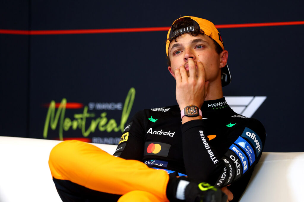 Second placed Lando Norris of Great Britain and McLaren in the Drivers Press Conference during the Sprint ahead of the F1 Grand Prix of Canada at Circuit Gilles-Villeneuve on May 23, 2026 in Montreal, Quebec.