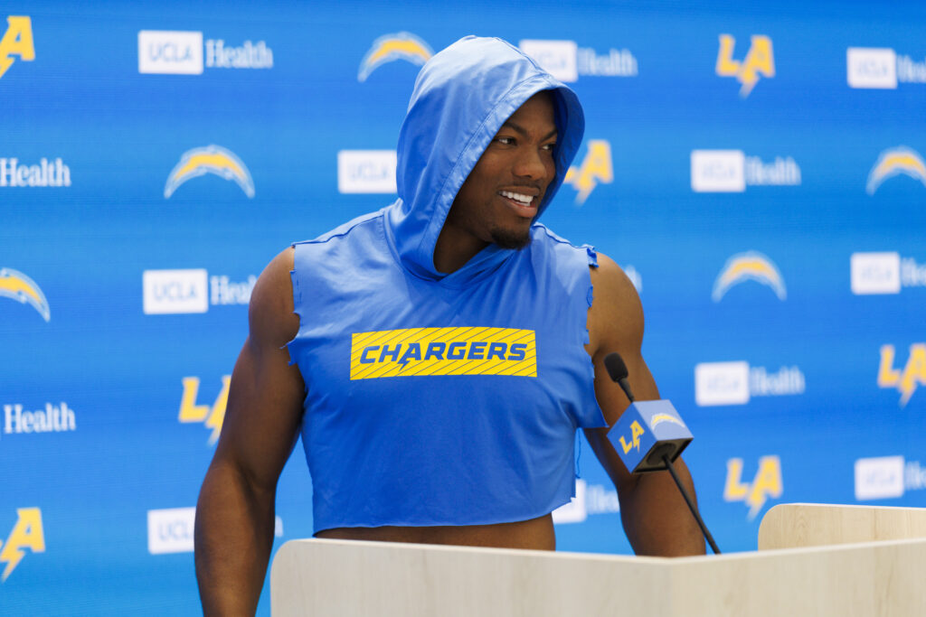 MAY 27: Daiyan Henley #0 of the Los Angeles Chargers talks with members of the media after organized team activities workout at The Bolt on May 27, 2026 in El Segundo, California.