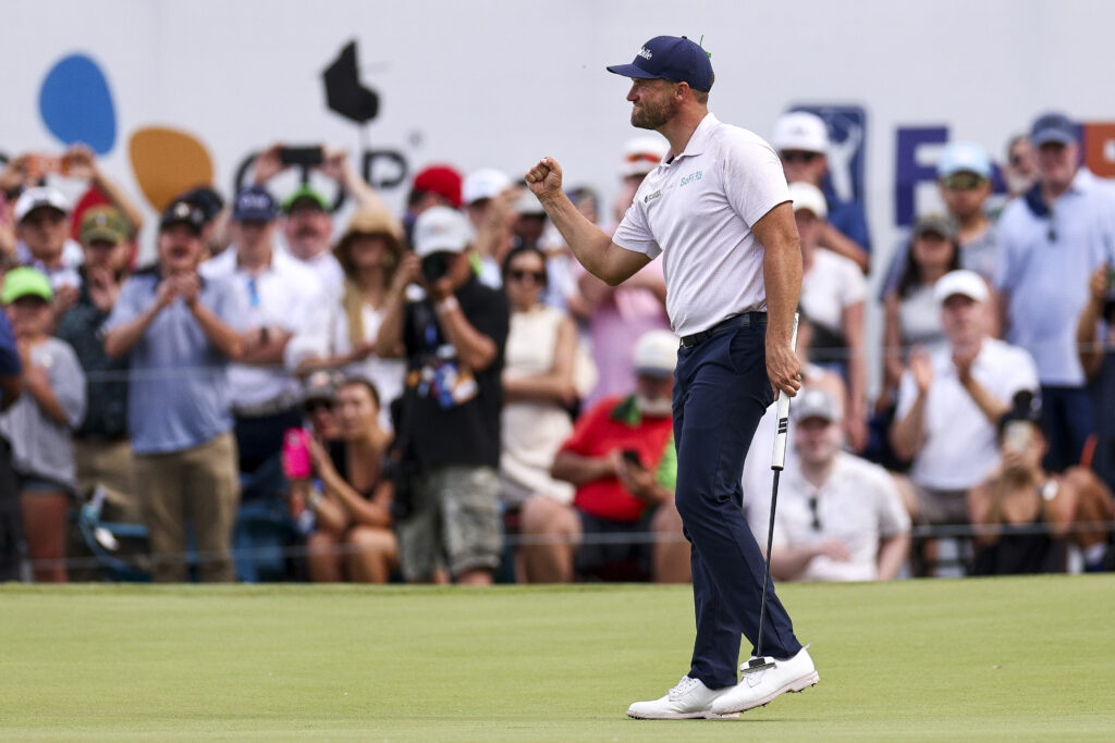 Wyndham Clark celebrates during the final round of the CJ CUP Byron Nelson