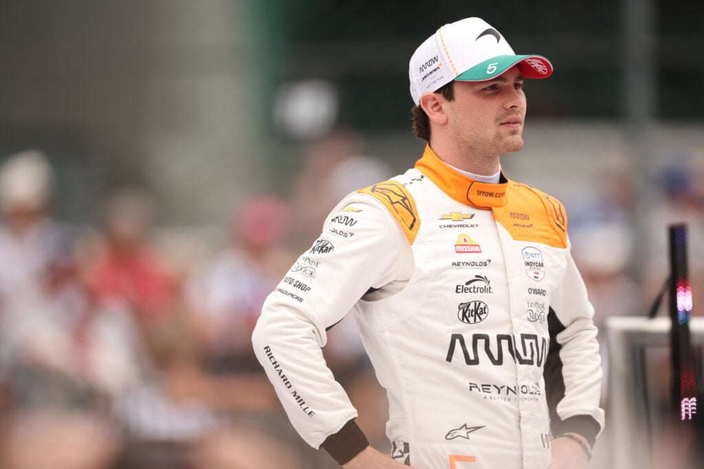 Pato O'Ward, driver of the #5 Arrow McLaren Chevrolet looks on during driver introductions before during the NTT IndyCar Series 110th Running of the Indianapolis 500 at Indianapolis Motor Speedway on May 24, 2026 in Indianapolis, Indiana.