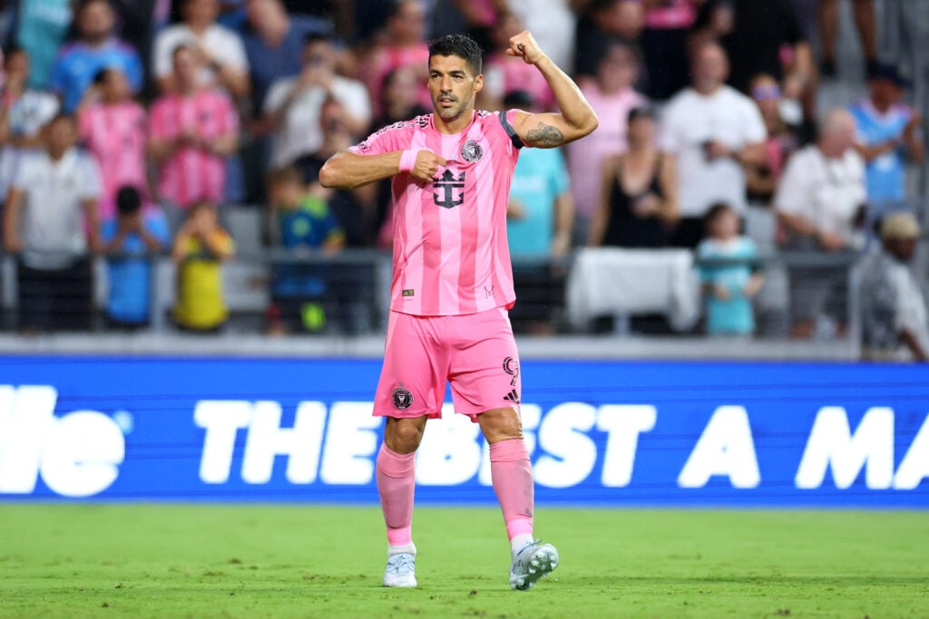 Luis Suárez #9 of Inter Miami CF celebrates after scoring his team's fifth goal during the MLS match between Inter Miami CF and Philadelphia Union at Nu Stadium on May 24, 2026 in Miami, Florida.