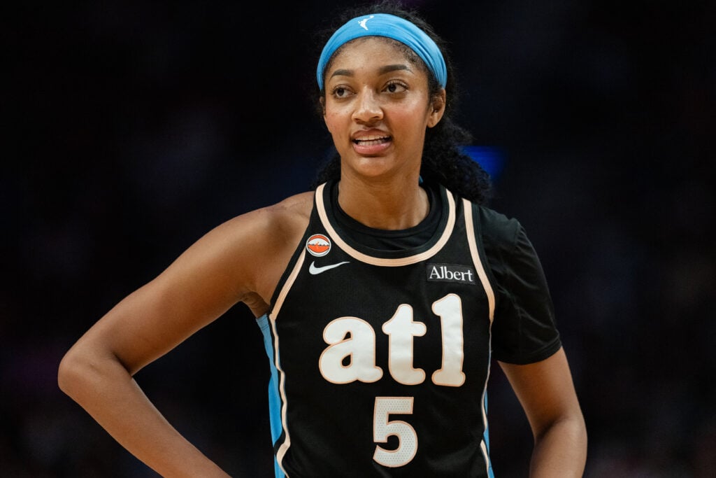 Angel Reese #5 of the Atlanta Dream prepares to shoot a free throw during the second half of the game against the Portland Fire at Moda Center.