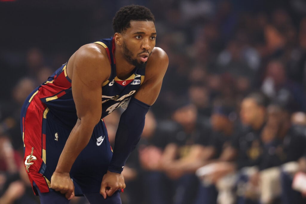 Donovan Mitchell #45 of the Cleveland Cavaliers looks on against the New York Knicks during the first quarter in Game Four of the NBA Eastern Conference Finals at Rocket Arena.