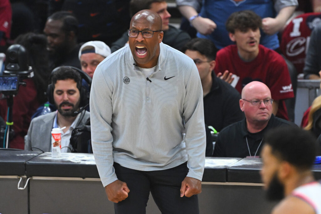 Head coach Mike Brown of the New York Knicks reacts during the second quarter against the Cleveland Cavaliers in Game Four of the NBA Eastern Conference Finals at Rocket Arena.