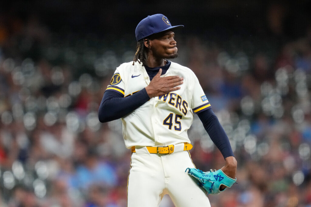 Abner Uribe #45 of the Milwaukee Brewers reacts after the third out in the eighth inning against the St. Louis Cardinals at American Family Field.